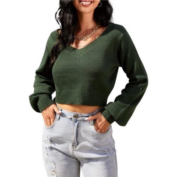 Women's Cropped Sweater V-Neck Long Sleeve 1-green - Picture 5 of 7
